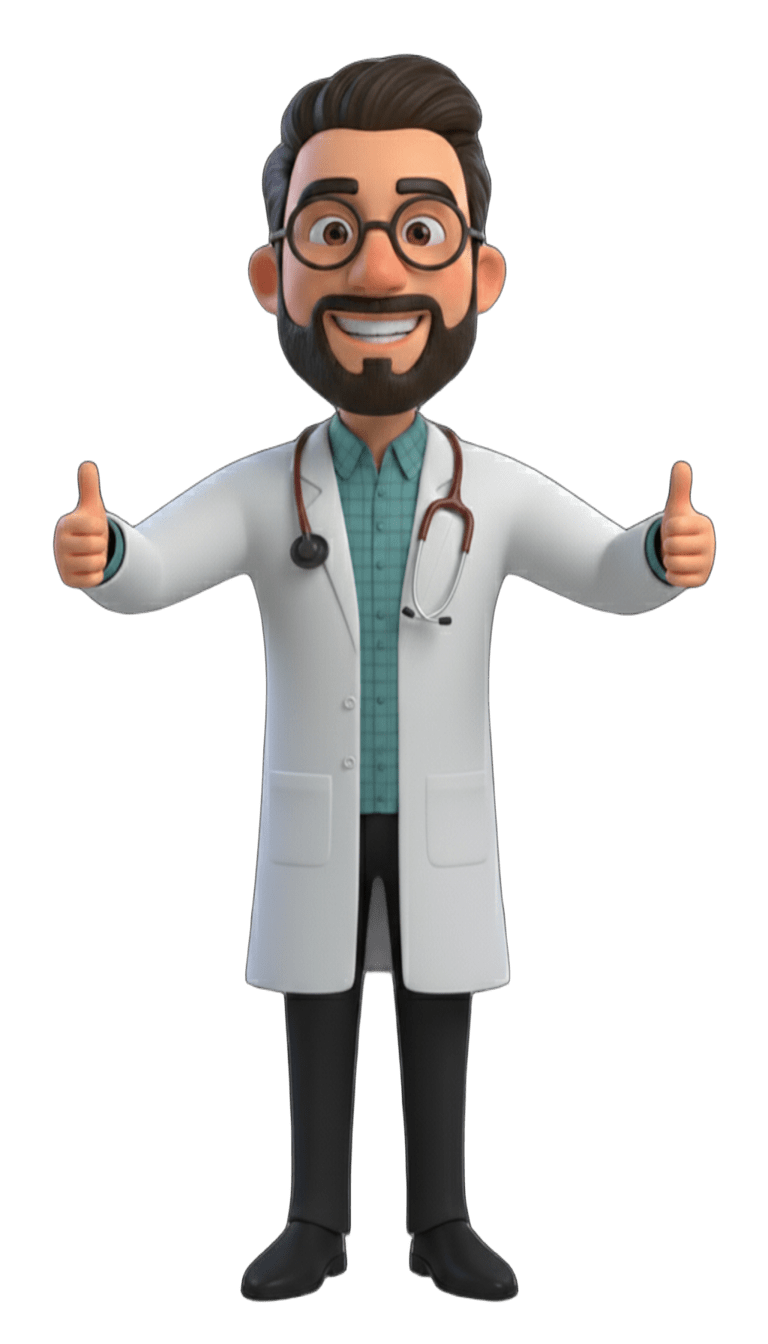 Medmacs doctor mascot giving a thumbs up